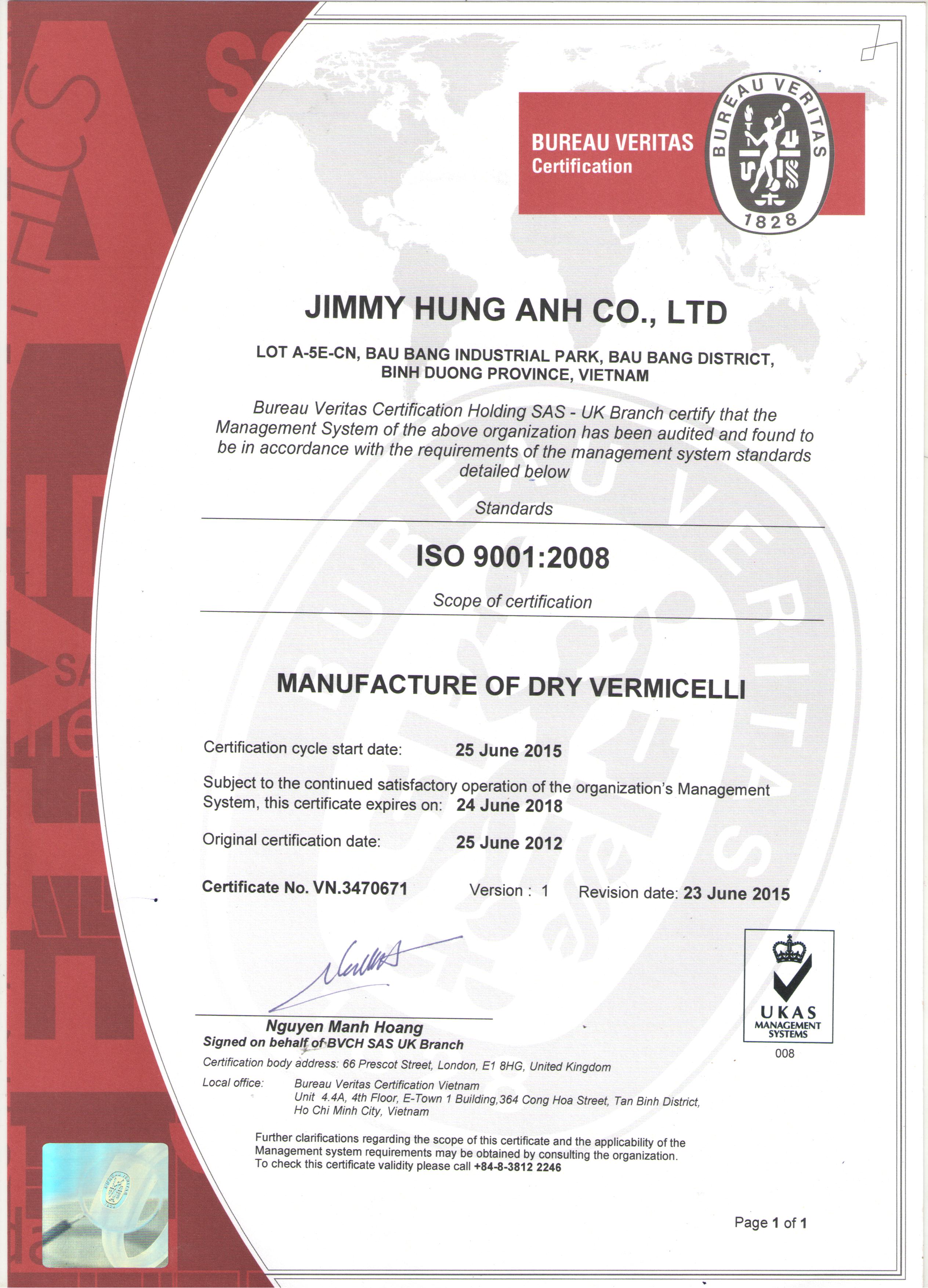 ISO 9001 - Công Ty TNHH Jimmy Food